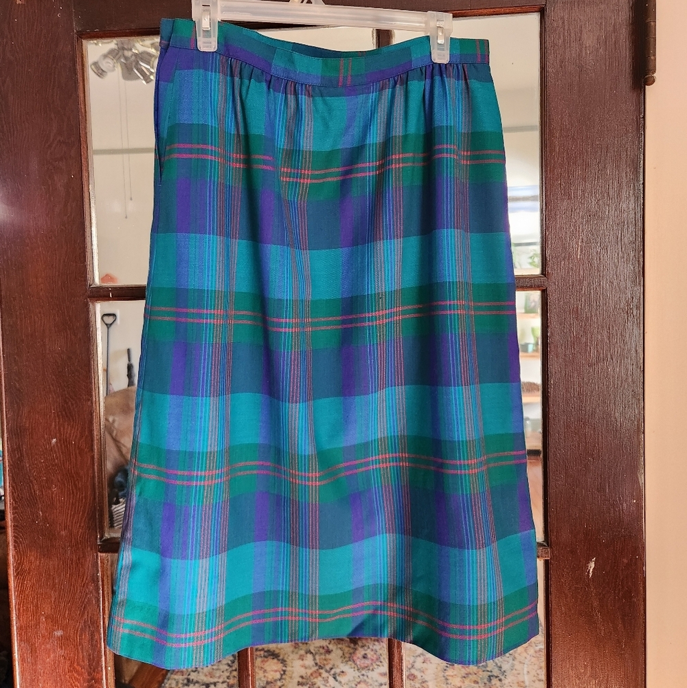 Pendleton A-Line Wool Skirt in Blue and Green Plaid